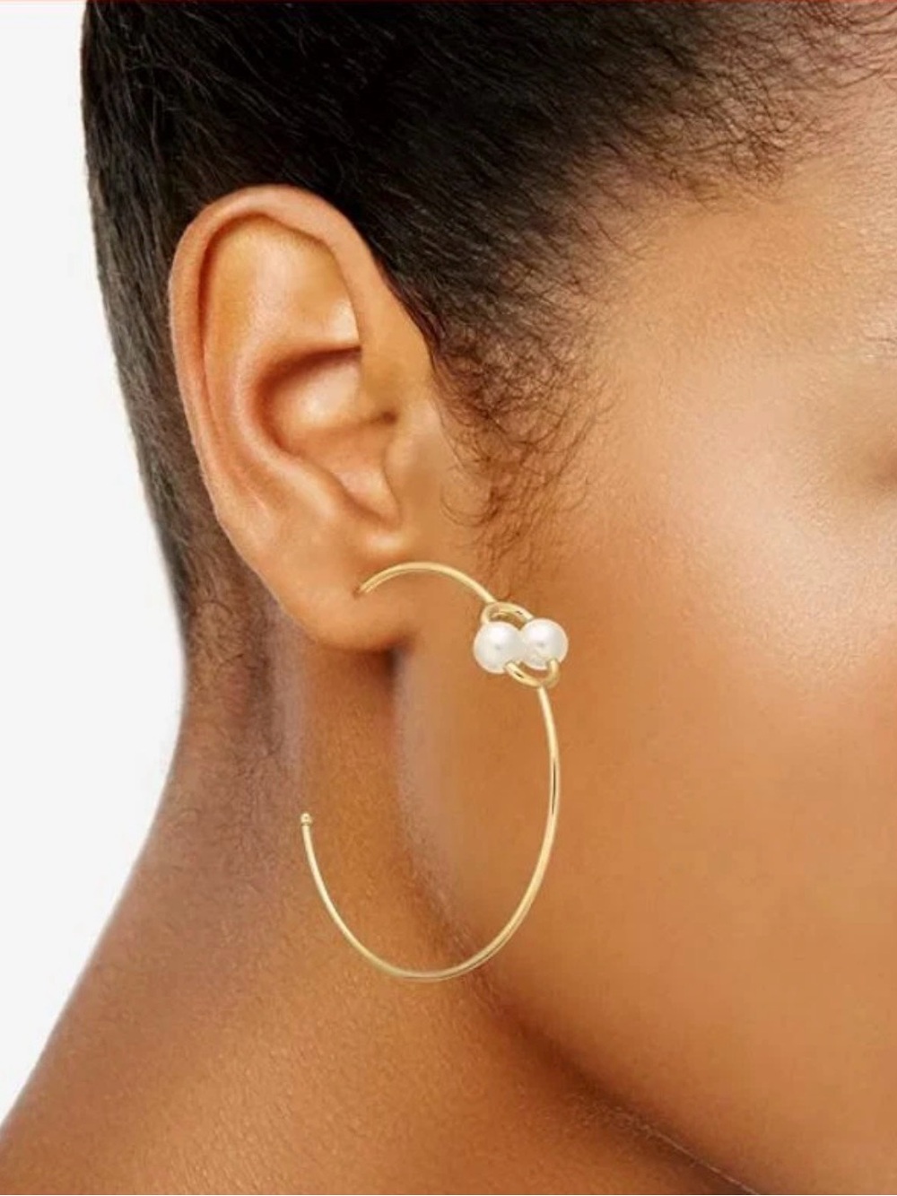 Gold Tone Pearl Hoop Earrings Large Open Hoop Statement Lightweight Faux Pearl